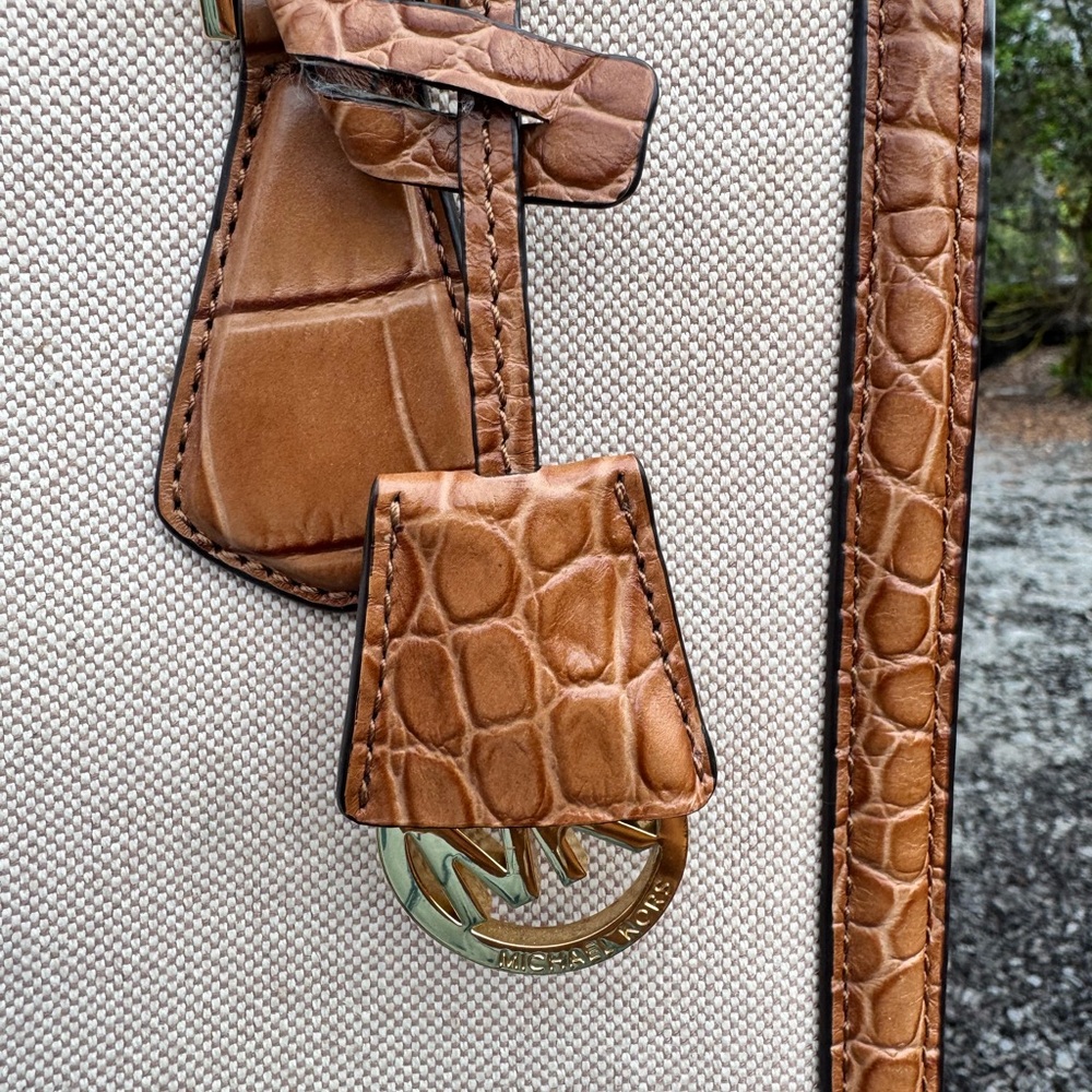 MICHAEL Michael Kors Croc-Embossed Leather & Canvas Satchel Tote with Strap - Picture 10 of 16